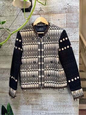 Replay | Mixed-Media Woven Boho Coin-Tasseled Maximalist Jacket - M, Black/Cream